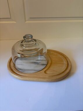 VTG Dolphin Farmhouse Cheese App Tray Lidded Glass Beechwood Marble Gray OS